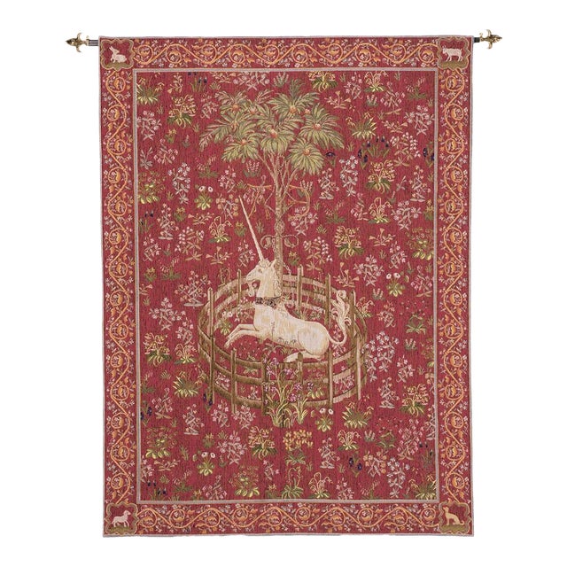 Licorne Captive - Rouge Loom Woven Tapestry - 147 X 108 Cm (4'10" X 3'7") - Requires Rod Size 3 For Sale