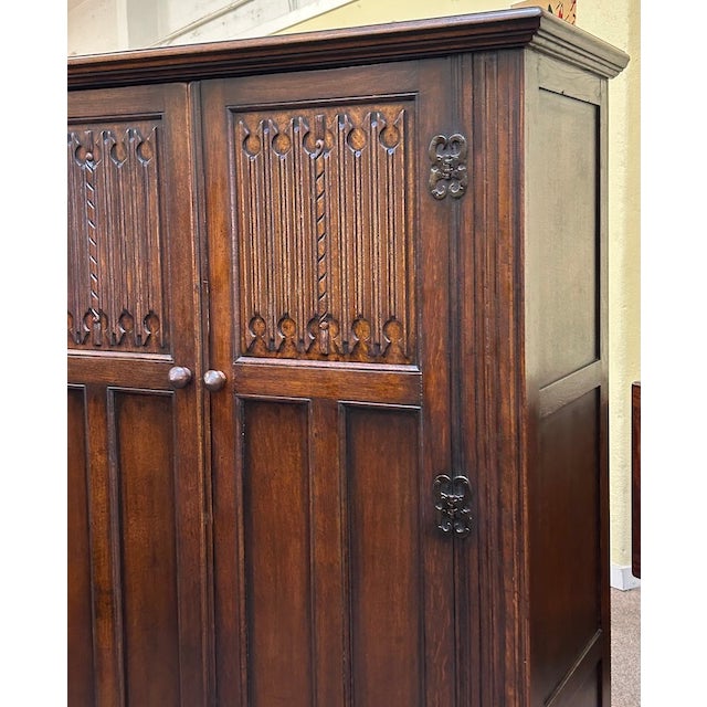 Quality Custom Solid Dark Oak Armoire Double Door c.1940's For Sale - Image 10 of 10