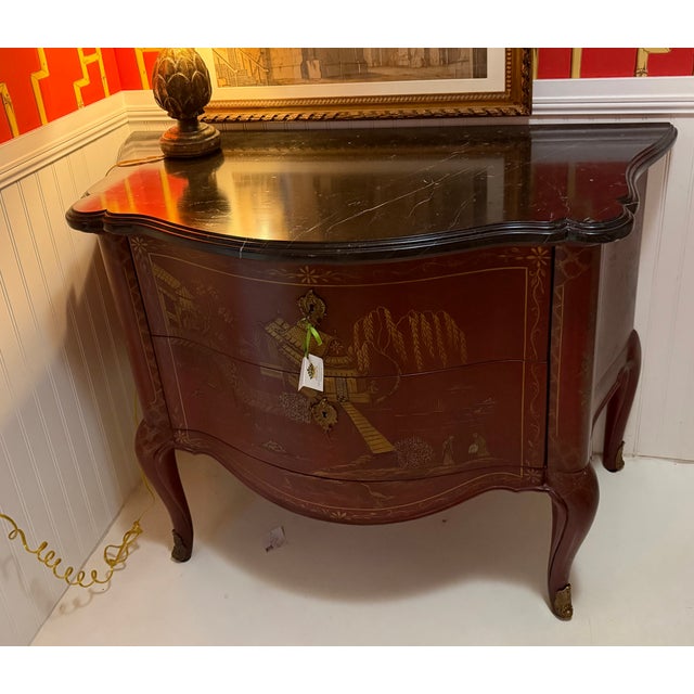 Chinoiserie 19th C Style E. J. Victor Red Chinoiserie & Black Marble Commode For Sale - Image 3 of 7