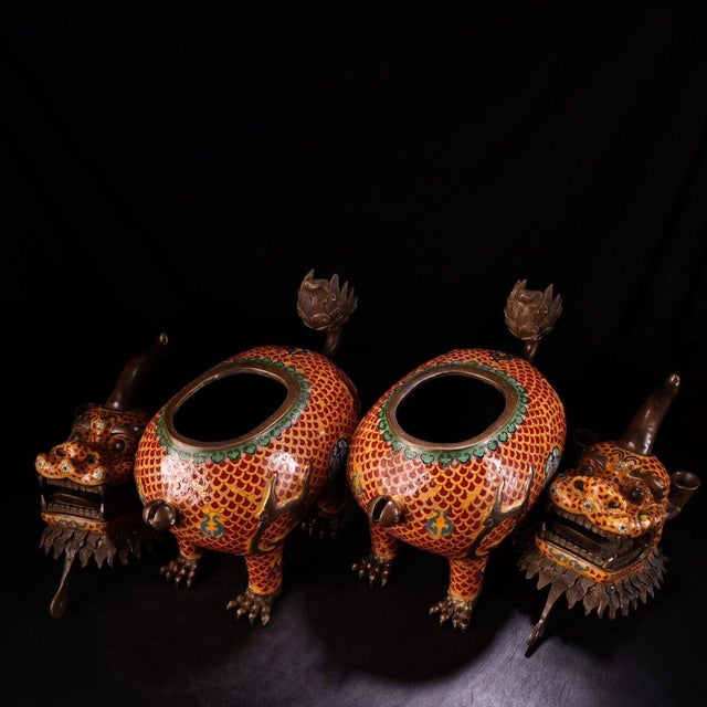 Late 20th Century Pair of Gilt Bronze Cloisonné Enamel Mythical Beast Incense Burners For Sale - Image 4 of 9