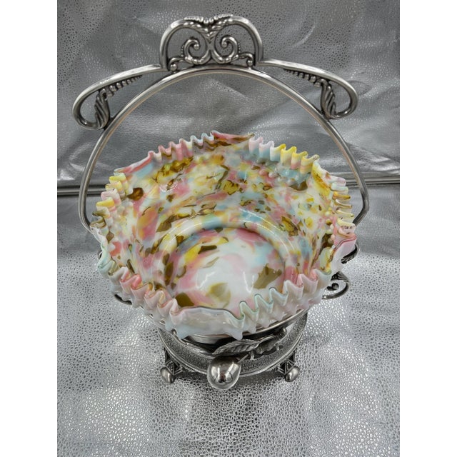 Victorian Aesthetic Movement 19th C. rare large BRIDES silverplate BASKET/fruit bowl or vase with ruffled edge slag glass...