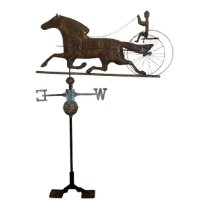 Antique Copper Green Verdigris Horse and Sulky Weathervane With Directionals