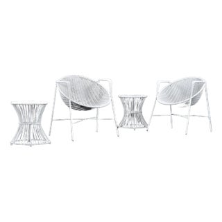 Wicker Salterini Radar Style Chairs With Pedestal Side Tables Seating Set For Sale