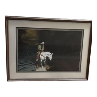 1980s Glen Edwards Original Watercolor – Cowboy on Horse Crossing Stream - Framed For Sale
