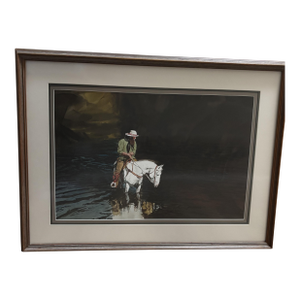 1980s Glen Edwards Original Watercolor – Cowboy on Horse Crossing Stream - Framed