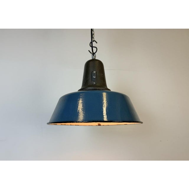 Industrial Blue Enamel Factory Lamp with Cast Iron Top, 1960s For Sale - Image 17 of 18