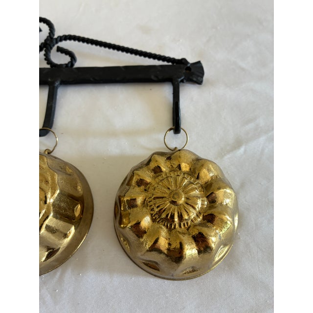 Mid-Century Modern Vintage Wrought Iron Heart Rack With 4 Brass Jelly Molds For Sale - Image 3 of 10
