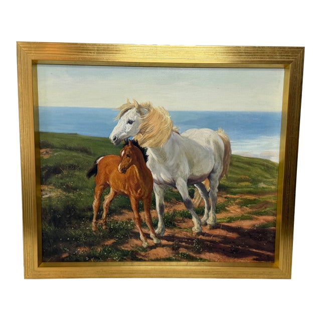 Gilt Framed Oil Painting Grey Mare and Chestnut Foal "Mother and Son" After Henry William Banks Davis Ra For Sale