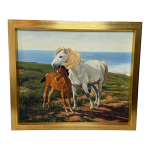 Gilt Framed Oil Painting Grey Mare and Chestnut Foal "Mother and Son" After Henry William Banks Davis Ra