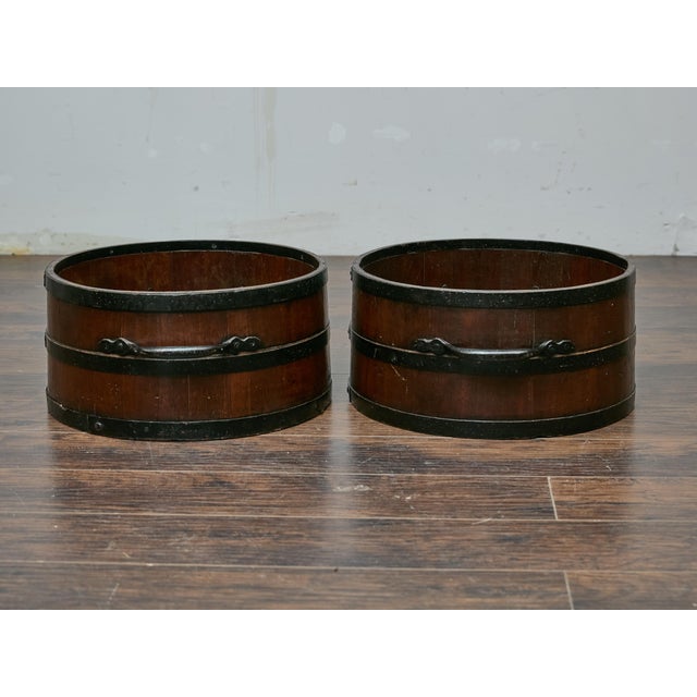Late 19th Century Pair of Antique English Bushel Measures with Iron Bands, Rustic Decor For Sale - Image 5 of 11