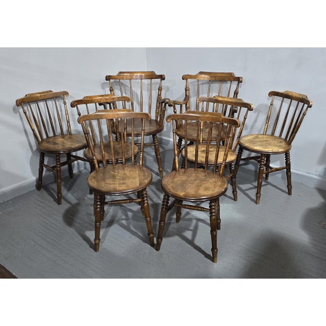 Very good set of eight penny seat spindle backed kitchen farmhouse dining chairs, waxed and home ready. 32" high Seat...