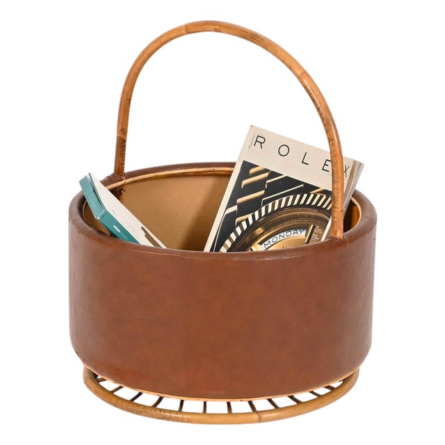 Mid-Century Italian Rattan and Leather Basket, 1970s For Sale