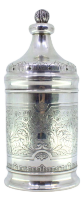 Silver Tea Box with Engraved Plant Motifs and Flower-Shaped Handle Lid