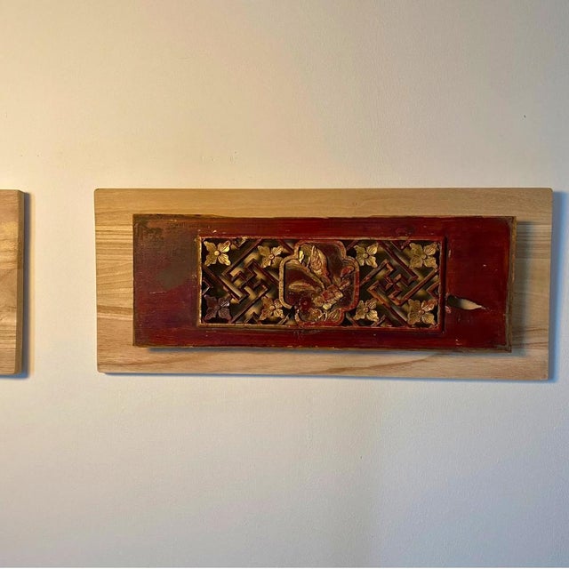 Wood Sculptural Wall Object – Antique Chinese Giltwood Openwork Floral Panels, Pair For Sale - Image 7 of 13