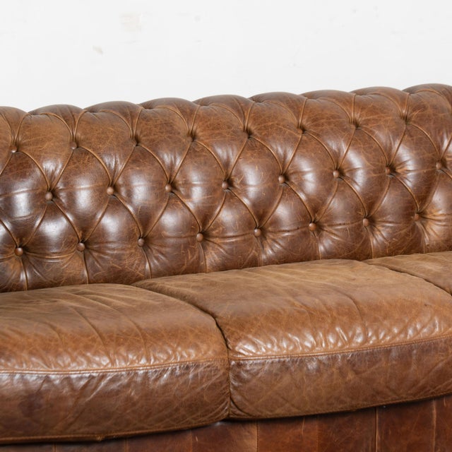 20th Century English Vintage Brown Leather Chesterfield Three Seat Sofa For Sale - Image 4 of 14