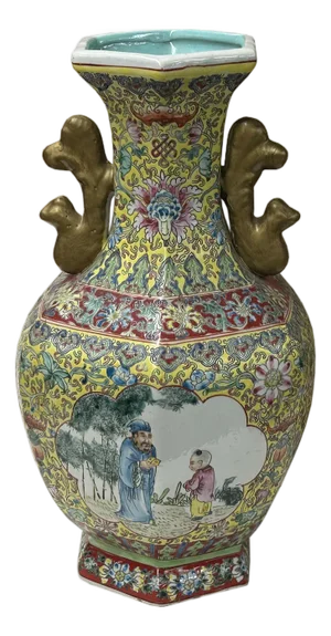 Chinese Yellow Base Hexagon Canton Famille Rose Porcelain Art Vase