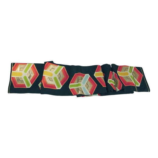 Viintage Silk Japanese Obi, Wildly Colorful Hexagons on Black For Sale