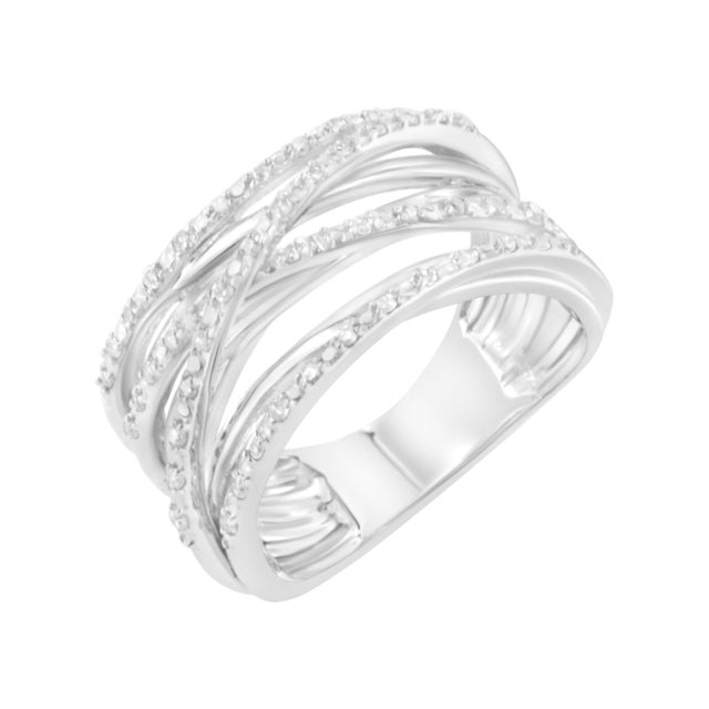 This gorgeous bypass ring has an intricate design of .925 sterling silver weaving together across the center of the piece....