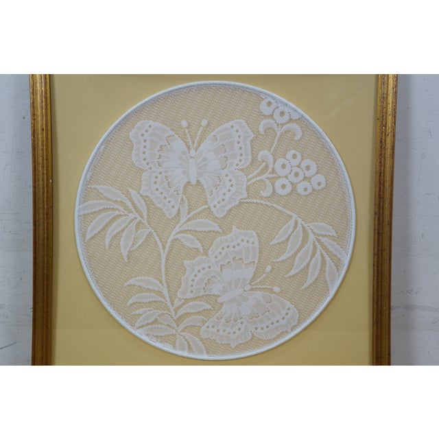 Mid 20th Century Mid 20th Century West German Kaiserslautern Embroidered Lace Floral Butterfly Needlework Art For Sale - Image 5 of 9