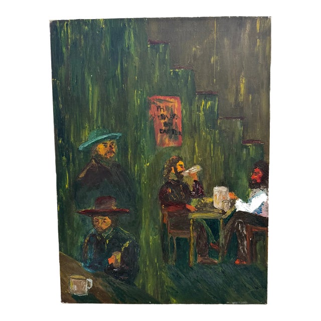 1970s Vintage Rustic Western Tavern Abstract Scene - Original Painting on Canvas, Art Is Possibly Oil Impressionist Bar Artwork For Sale