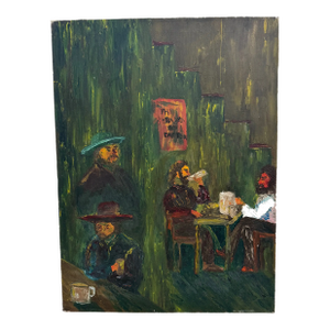 1970s Vintage Rustic Western Tavern Abstract Scene - Original Painting on Canvas, Art Is Possibly Oil Impressionist Bar Artwork