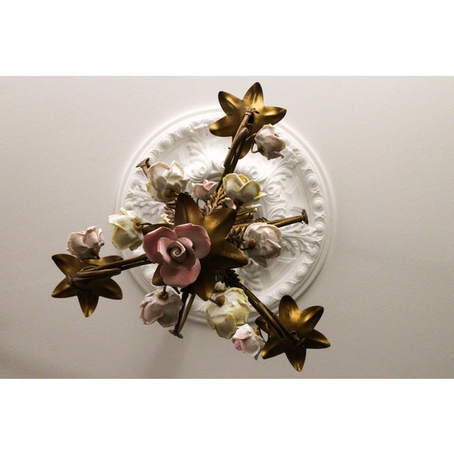 Italian Florentine Golden Metal Three-Light Chandelier with Porcelain Roses, 1970s For Sale - Image 9 of 18