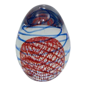 Murano Paperweight Blue Red Ribbons Italian Art Glass Egg Shape Circa 1960s