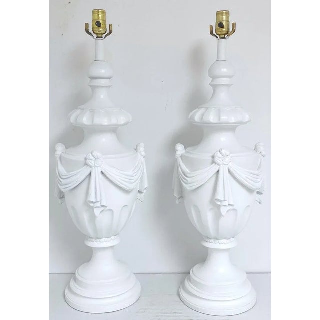 Mid 20th Century Mid 20th Century Large Hollywood Regency Neoclassical White Lacquered Draped Urn Lamps - a Pair For Sale - Image 5 of 6