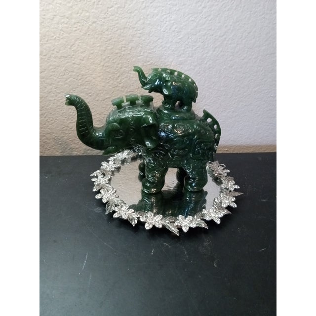 1970s Exquisite Carved Jade Prosperity Trunk Up Elephants Feng Shui Sculpture For Sale - Image 4 of 6