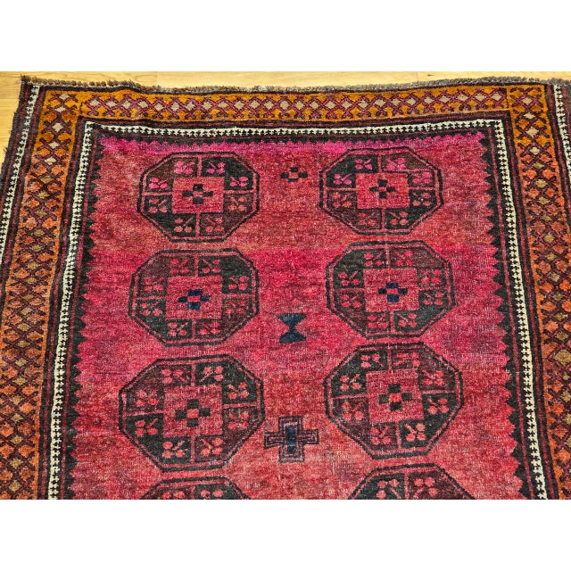 Vintage Afghan Bokhara Area Rug, Hand-Knotted Wool, Allover Geometric Pattern, Plum & Burgundy, 4x5 For Sale - Image 10 of 17