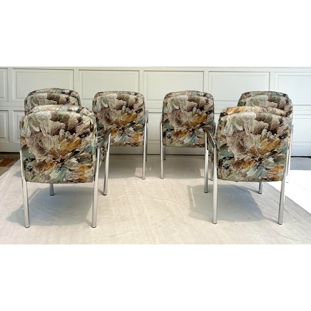 Metal 1970's Set of 6 Chrome Upholstered Dining Chairs in the Style of Milo Baughman For Sale - Image 7 of 9