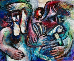 Arie Dubi, Israeli Judaica Original Painting, "Temptation" Dancing Polish Artist Arie Dubi