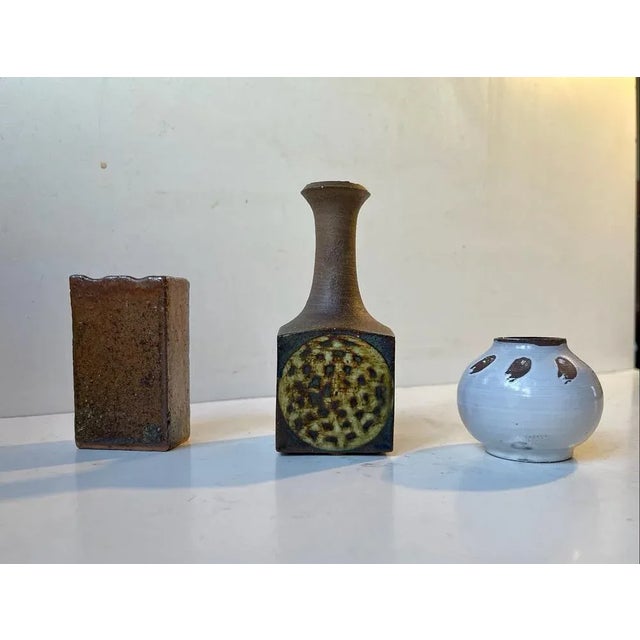 Mixed lot of 3 small Scandinavian ceramic vases. All studio made by diffrent Scandinavian designers/ceramist. Styles:...