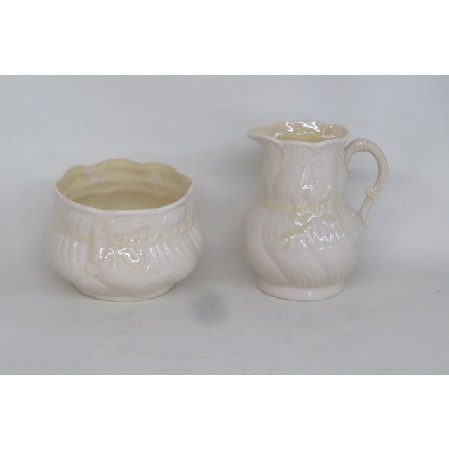 Mid 20th Century Belleek Ireland Porcelain Sugar and Creamer Pair Yellow Ribbon Pattern 4484b For Sale - Image 13 of 16