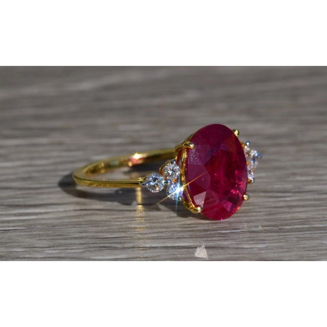 Metal The Allyns Alley: Ladies 18K Yellow Gold Ring set with 3.44 CT Oval Ruby and Diamonds For Sale - Image 7 of 10