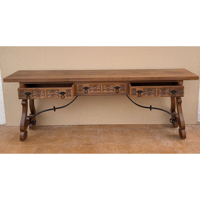 Spanish Rustic Carved Wood Console Table , Mid-20th Century For Sale - Image 6 of 14