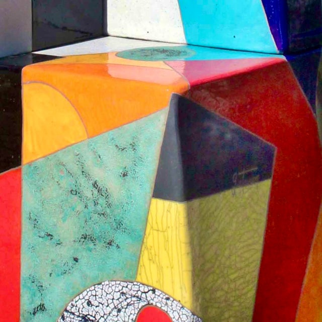 2020s "Crowing at the Moon" by Michael Gustavson, Large Raku Ceramic Totem Sculpture on Stone Base, Contemporary California Art, Vibrant Colors For Sale - Image 5 of 8