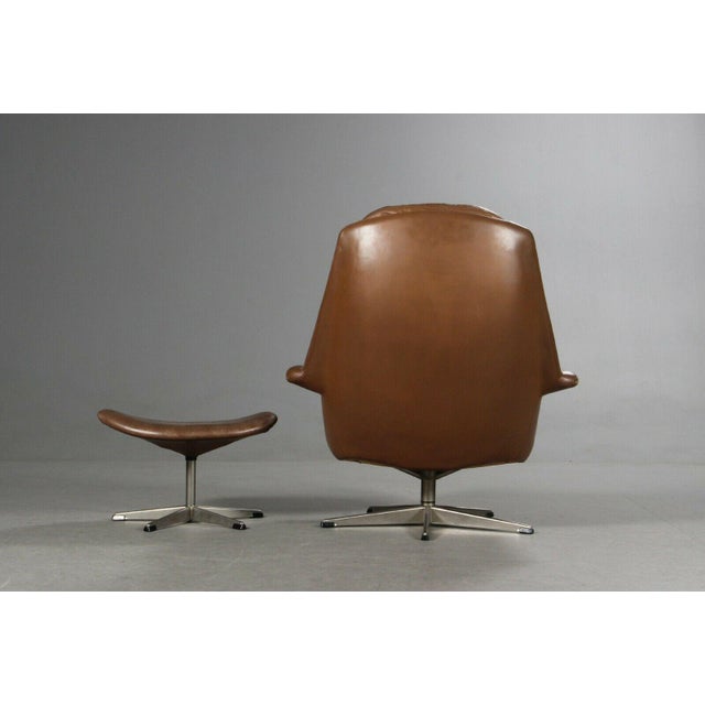 Vintage Danish Cognac Leather Lounge Chair & Stool by H. W. Klein For Sale - Image 3 of 7