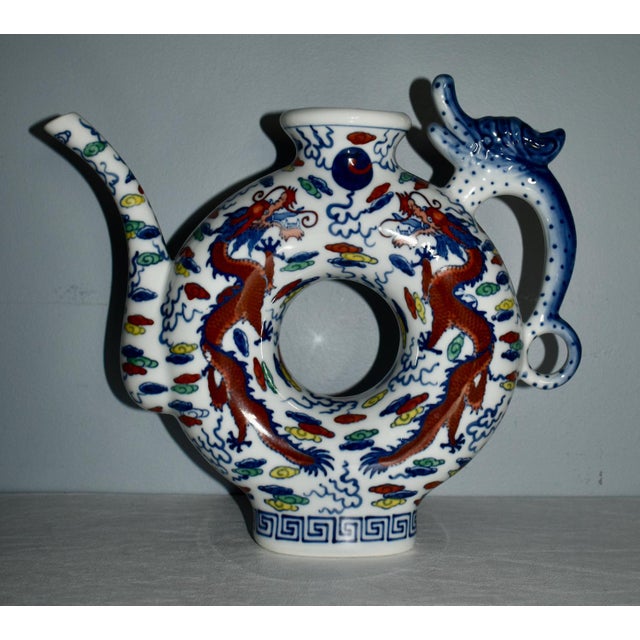 Vintage Chinese Blue & White Dragon Phoenix Donut Hole Pitcher/Teapot For Sale - Image 4 of 12