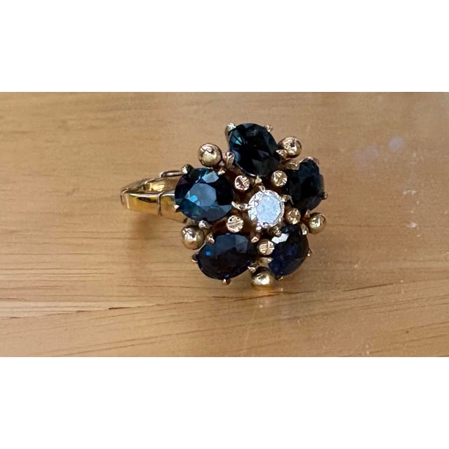 Contemporary 14k Yellow Gold, Blue Sapphire and Diamond Flower Cluster Ring With Arthritic Shank., Size 6.25 to 7 For Sale - Image 3 of 9