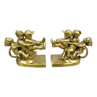 Vintage Pm Craftsman "Tug of War" Brass Children Playing Figural Bookends - Pair For Sale