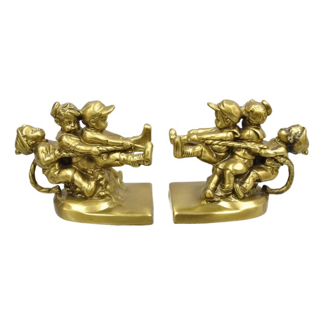 Vintage Pm Craftsman "Tug of War" Brass Children Playing Figural Bookends - Pair For Sale