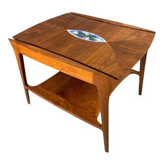 Danish Mid Century Walnut Sculpted Side Table With Enameled Insert of Birds For Sale