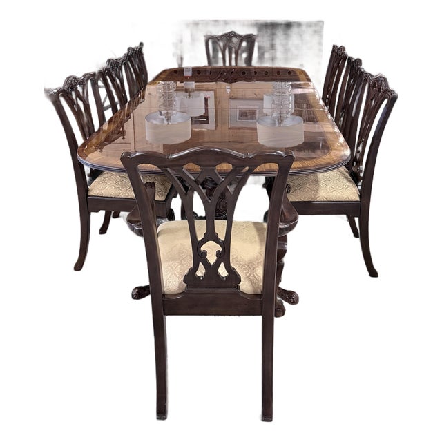 Vintage Drexel Heritage Georgian Style Mahogany Double Pedestal Dining Set For Sale