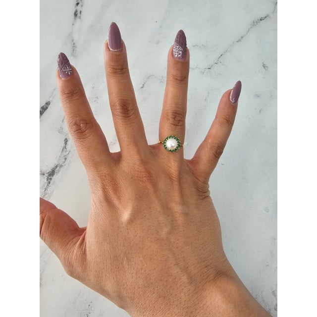 ♥ Ring Summary ♥ Main Stone: Pearl & Emeralds Pearl Size: 6.5MM Band Material: 14k Yellow Gold Dimensions: 11MM x 12MM...
