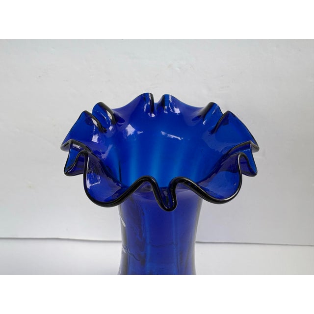 Glass Vintage Mary Gregory Style Cobalt Blue Glass Vase With Ruffled Rim For Sale - Image 7 of 12