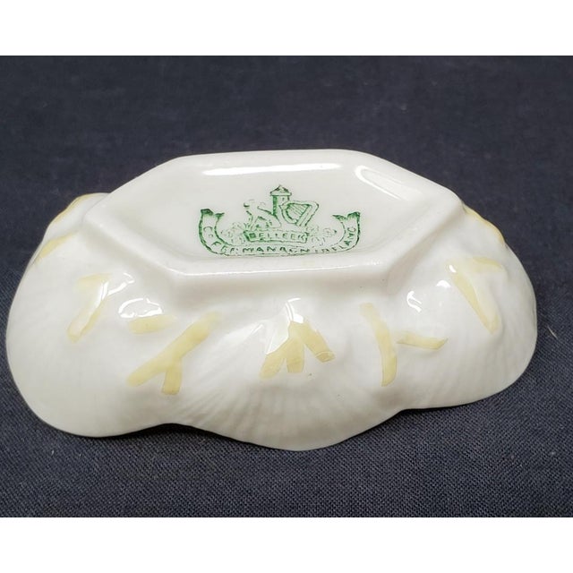 Vintage Belleek White Shell Open Salt Dip - Yellow Inside - 3-1/8" Long - 4th Green Mark -1946 - 1955 For Sale - Image 9 of 11