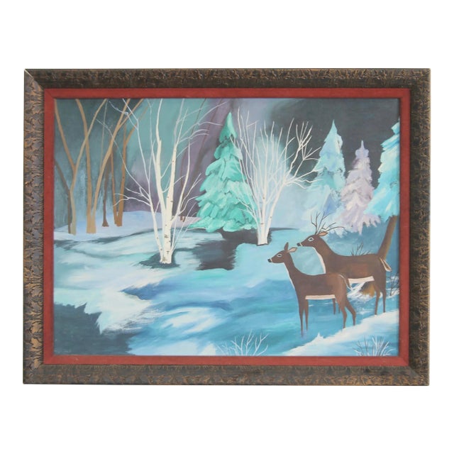 Vintage Oil on Board Folky Deer Painting For Sale