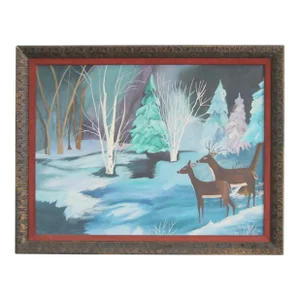 Vintage Oil on Board Folky Deer Painting