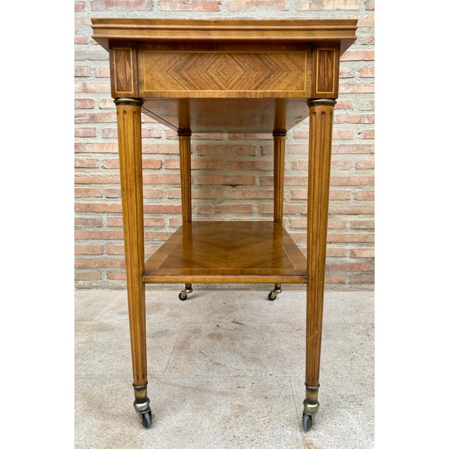 Neoclassic French Marquetry Side Table With One Drawer And Wheels 1940s For Sale - Image 9 of 18